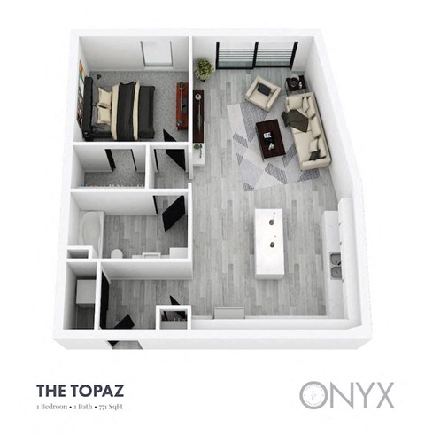 Floor plan for 1 bed, 1 bath, 771 sqft